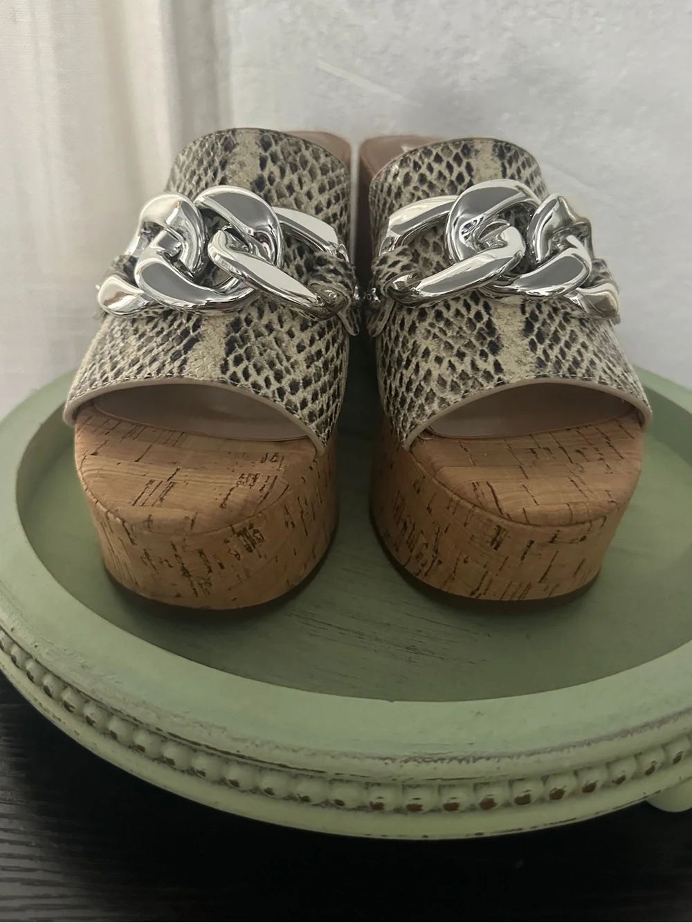 Marc Fisher Womens Snake-Print Cork Platform Slide with Silver Chain “Vaneda”